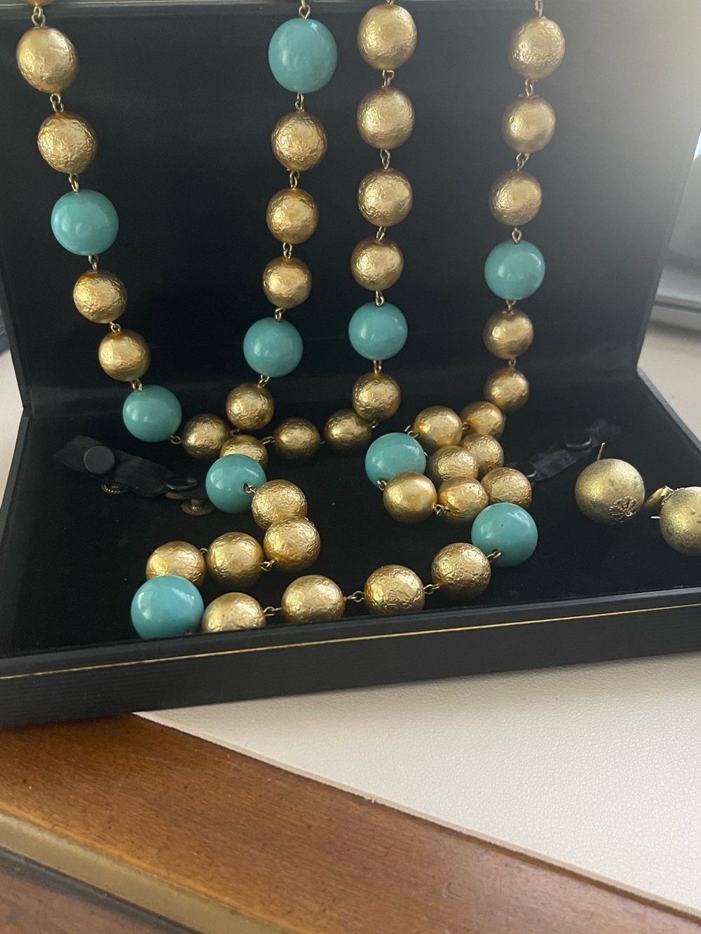 VINTAGE GLASS Gold and Turquoise Beaded Statement Necklace - Women Jewelry